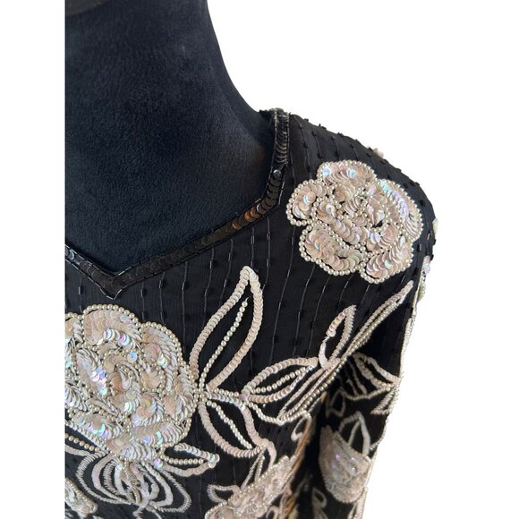 Vintage Leslie Fay Black Beaded Silk Sequin White Floral Formal Top NWT - Picture 6 of 15